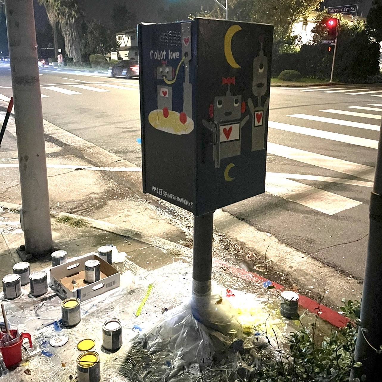 Robot Love mural on traffic box at night, Coldwater Canyon, Los Angeles
