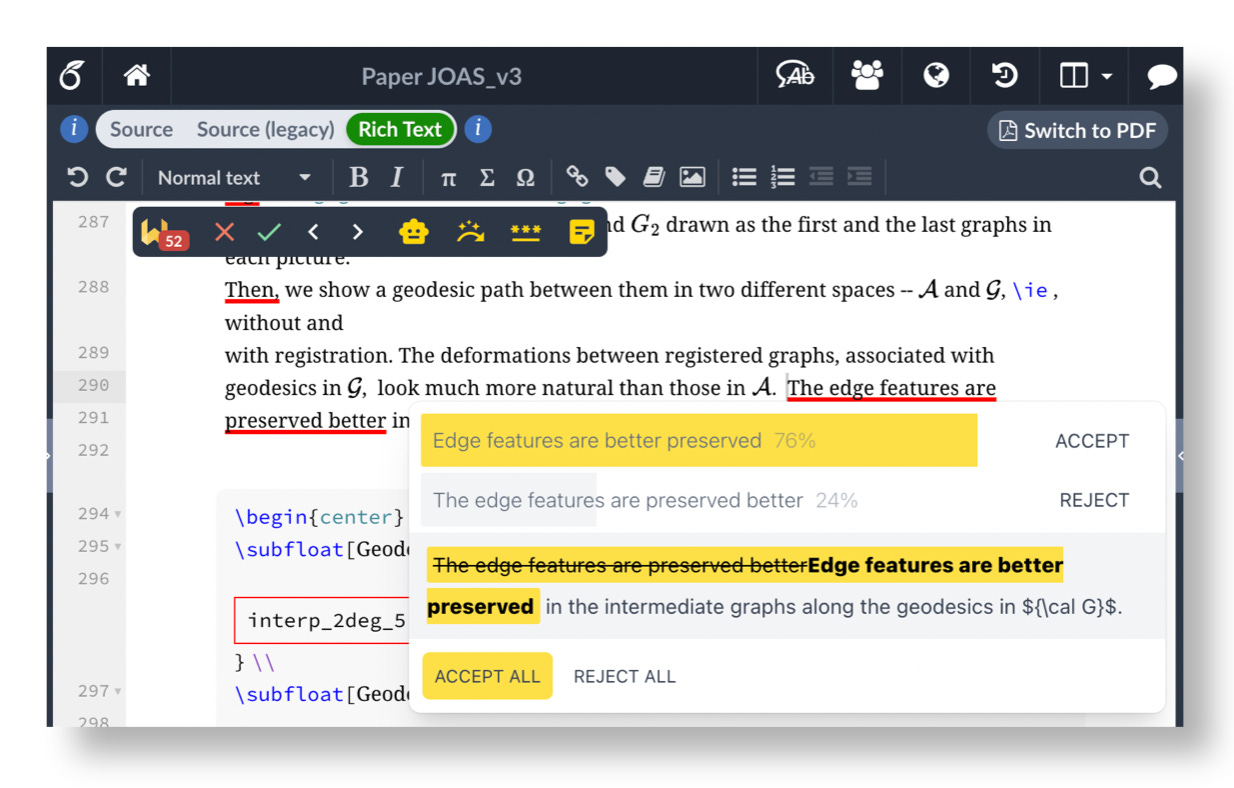 Overleaf's AI writing suggestions feature